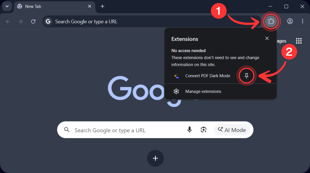Chrome extensions menu: the puzzle icon and the pin next to Convert PDF Dark Mode